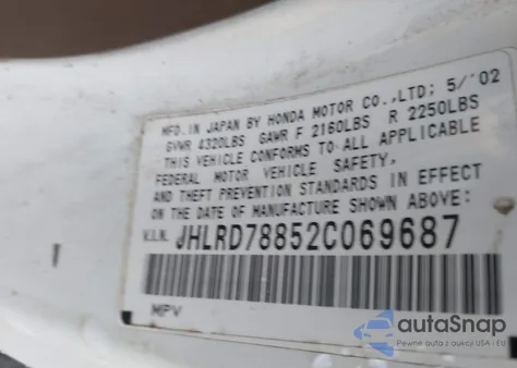 2002 Honda Cr-V Ex из США, поврежденный, VIN JHLRD78852C069687